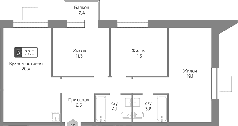 Планировка: Квартира евро-4 76,3 м² в ЖК «Отрада 3»