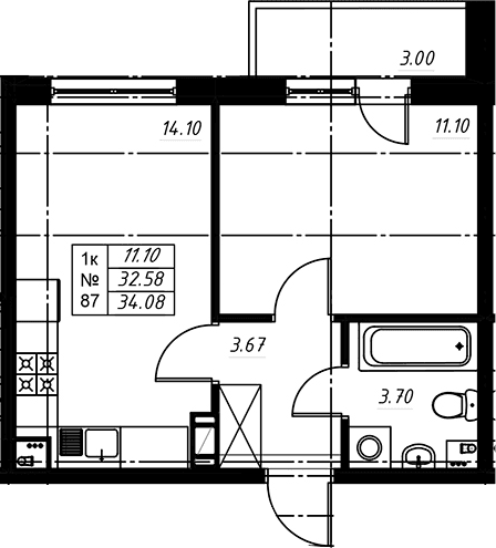 Планировка: Евродвушка 32,7 м² в ЖК «Огоньки»