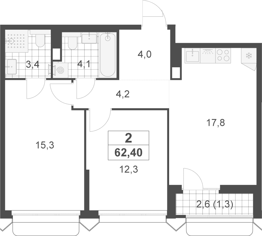 Планировка: Евротрёшка 61,1 м² в ЖК «Деснаречье»