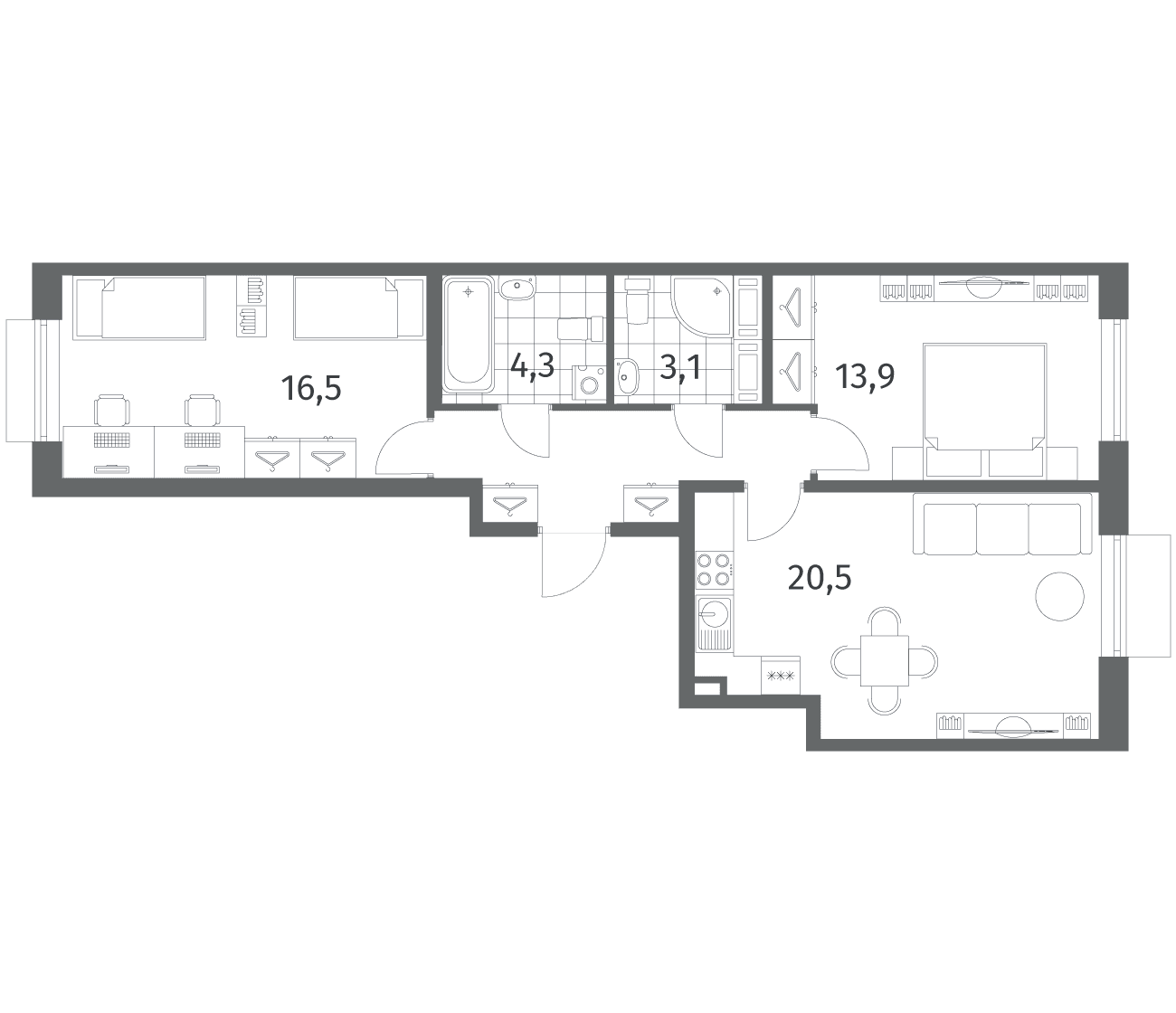 Планировка: Евротрёшка 65,7 м² в ЖК «Парусная 1»