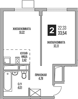 Планировка: Евродвушка 33,5 м² в ЖК «Гранель Аникеевский»