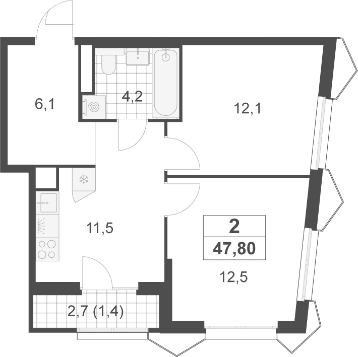 Планировка: 2-комнатная квартира 46,4 м² в ЖК «Деснаречье»