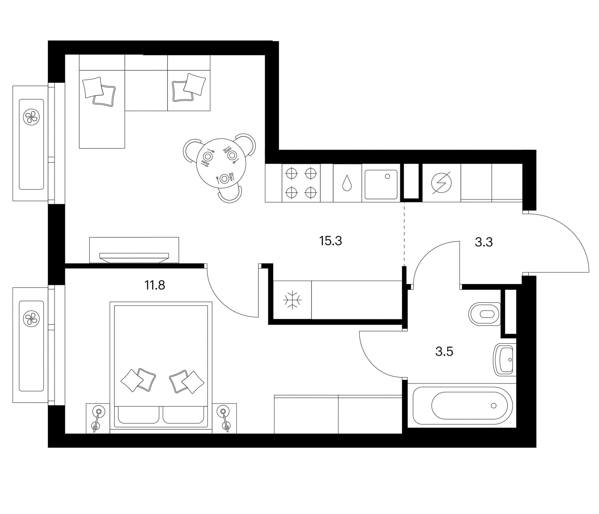 Планировка: 1-комнатная квартира 33,9 м² в ЖК «Зеленый парк»