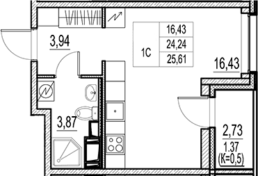Планировка: Студия 24,2 м² в ЖК «Город-спутник Южный»