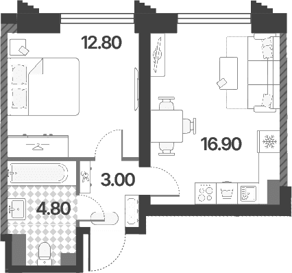Планировка: Евродвушка 37,5 м² в ЖК «Обручева 30»
