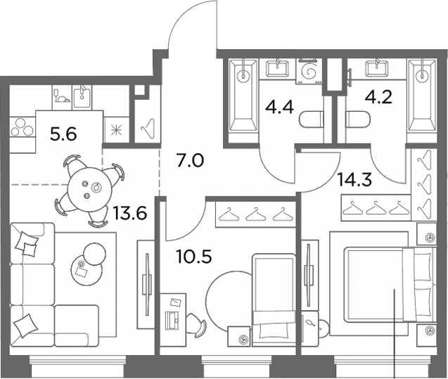 Планировка: Евротрёшка 59,6 м² в ЖК «Станиславский»
