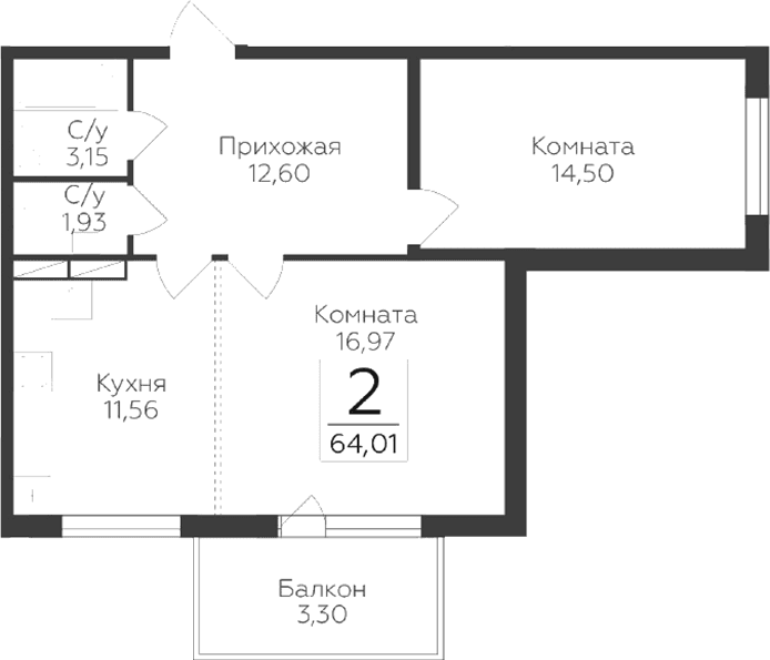Планировка: 2-комнатная квартира 60,7 м² в ЖК «Финский квартал»