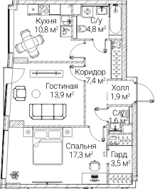 Планировка: 2-комнатная квартира 61 м² в ЖК «СЕЗАР БУДУЩЕЕ»