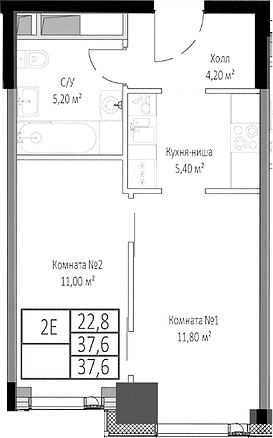 Планировка: Евродвушка 37,6 м² в ЖК «Мираполис»