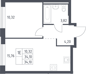 Планировка: Евродвушка 34,1 м² в ЖК «Рублевский квартал»