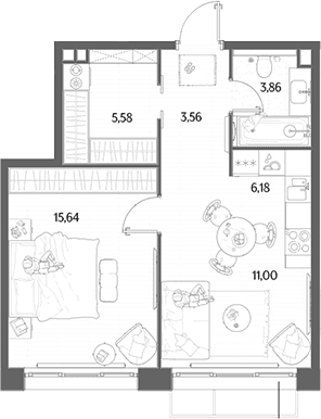 Планировка: Евродвушка 45,8 м² в ЖК «МЫС»