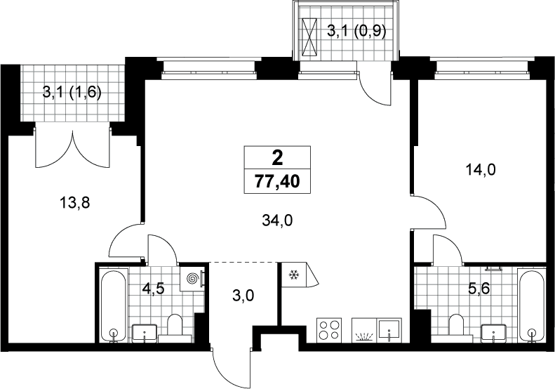Планировка: Евротрёшка 74,9 м² в ЖК «Хольм»