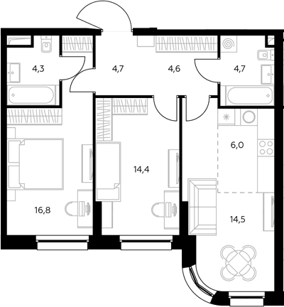 Планировка: Евротрёшка 71,1 м² в ЖК «Адмирал»