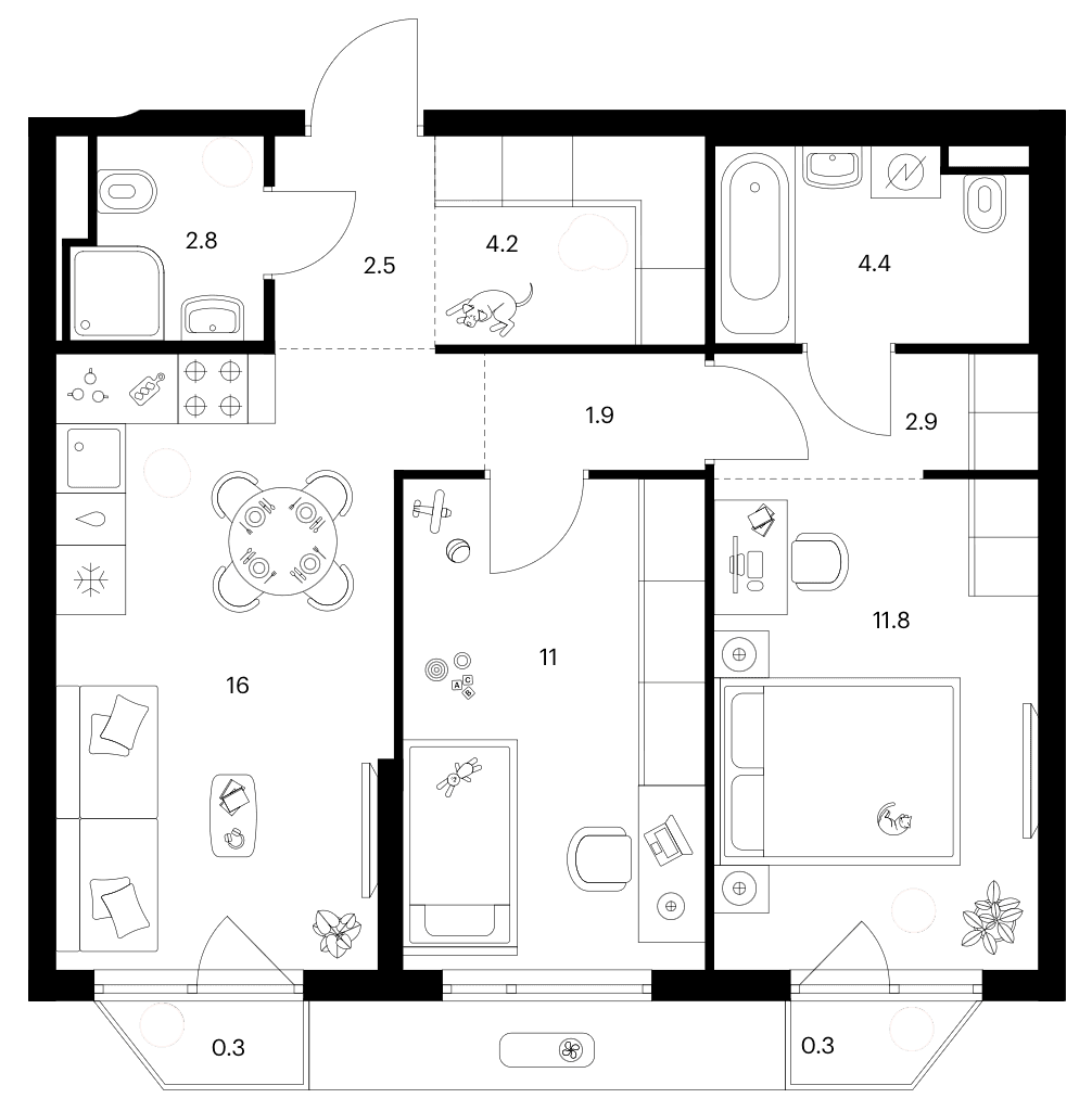 Планировка: 2-комнатная квартира 57,5 м² в ЖК «Зеленый парк»
