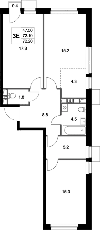 Планировка: Евротрёшка 72,1 м² в ЖК «Легенда Марусино»