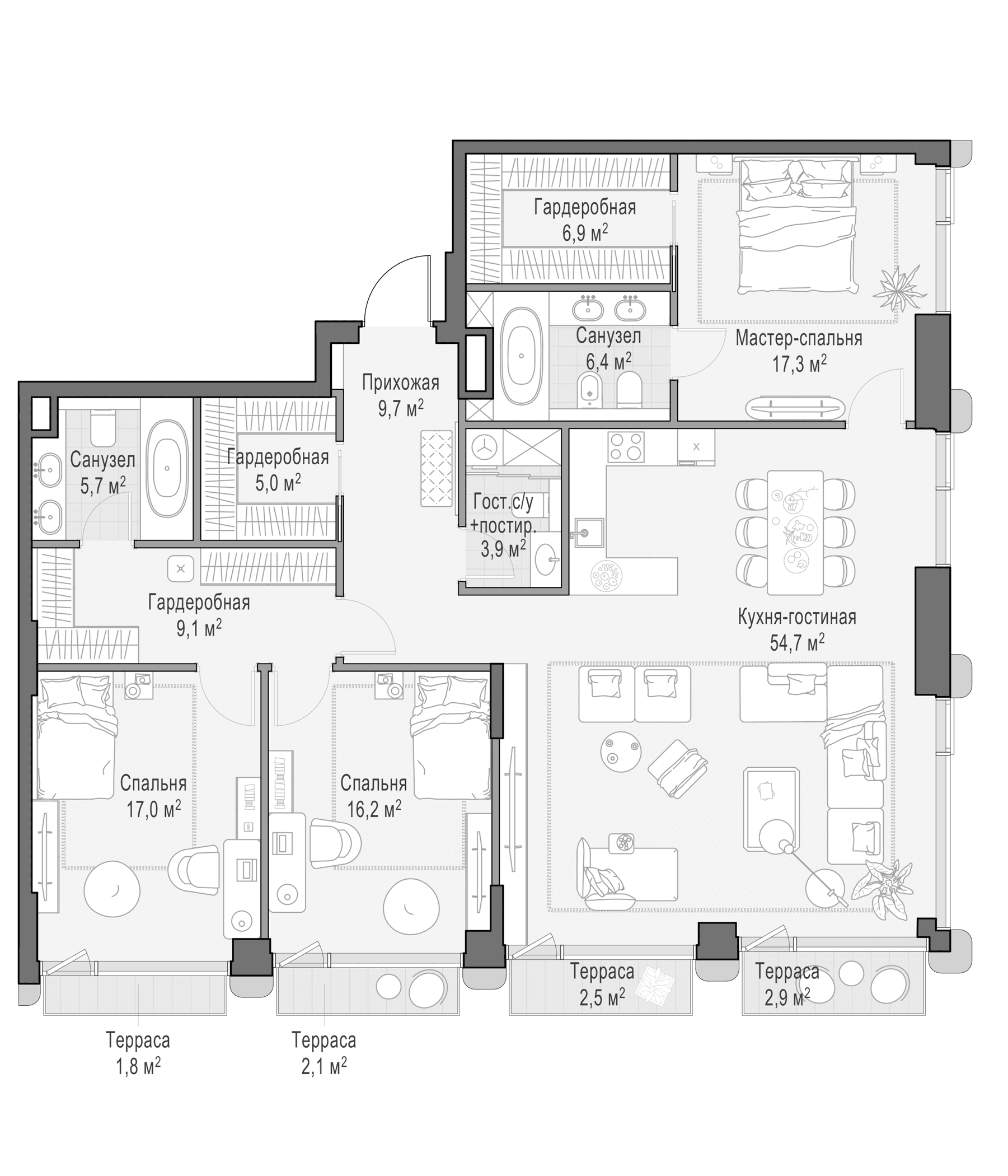Планировка: Квартира евро-4 154,9 м² в ЖК «Дом Палашевский 11»