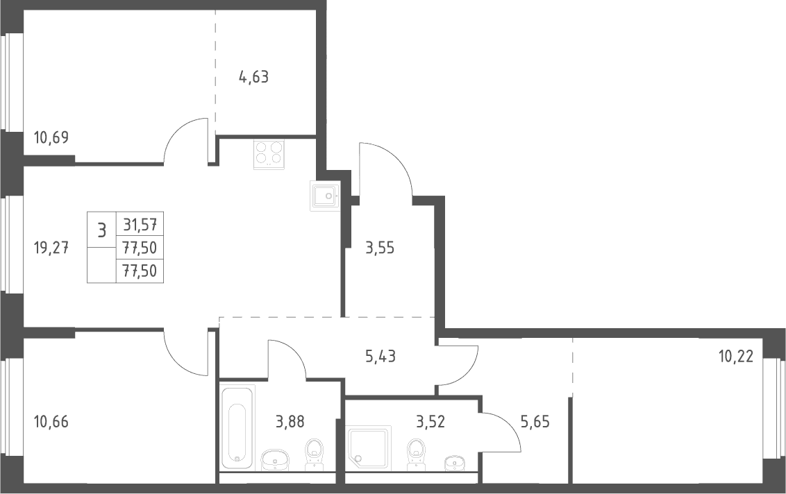 Планировка: Квартира евро-4 77,5 м² в ЖК «Большое Юрлово»