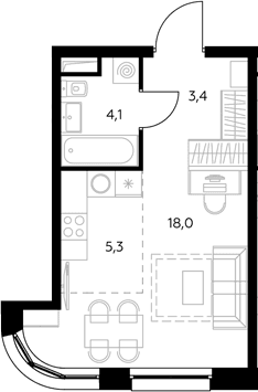 Планировка: Студия 31,1 м² в ЖК «Адмирал»