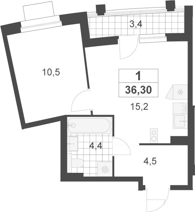 Планировка: Евродвушка 34,6 м² в ЖК «Деснаречье»