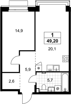 Планировка: Евродвушка 49,2 м² в ЖК «Хольм»