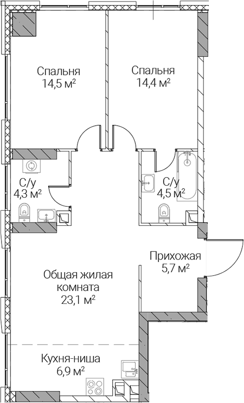 Планировка: Евротрёшка 73,4 м² в ЖК «СЕЗАР СИЛИКА»