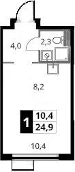 Планировка: Студия 24,9 м² в ЖК «1-й Донской»
