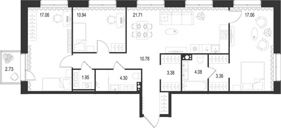 Планировка: Квартира евро-4 94,6 м² в ЖК «Остров Первых»