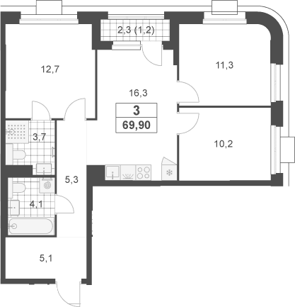 Планировка: Квартира евро-4 68,7 м² в ЖК «Южные сады»