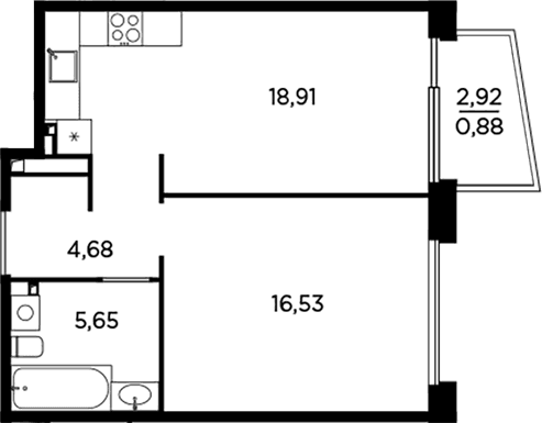 Планировка: Евродвушка 45,8 м² в ЖК «Акватория»