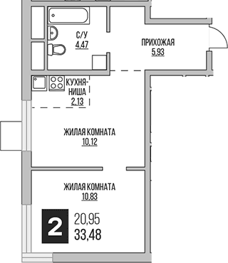 Планировка: Евродвушка 33,5 м² в ЖК «Гранель Аникеевский»