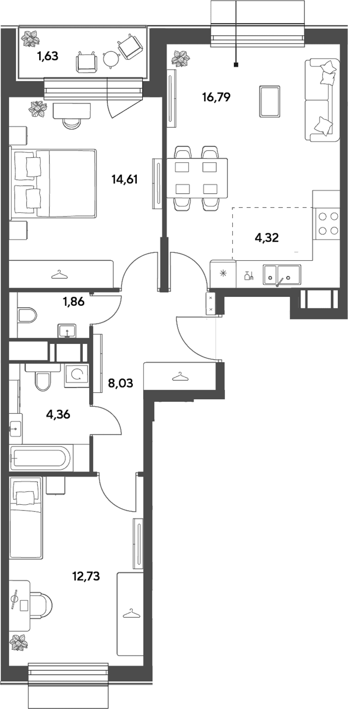 Планировка: Евротрёшка 62,7 м² в ЖК «Публицист»