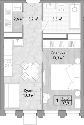 Планировка: 1-комнатная квартира 37,9 м² в ЖК «Новые Смыслы»
