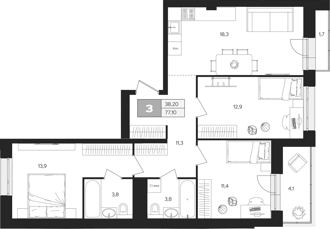 Планировка: 3-комнатная квартира 74,5 м² в ЖК «Ласточкино»