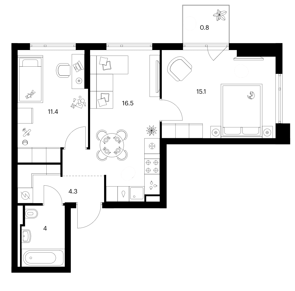 Планировка: 2-комнатная квартира 51,3 м² в ЖК «Зеленый парк»