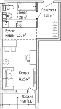 Планировка: Студия 30,2 м² в ЖК «Рига Хиллс»
