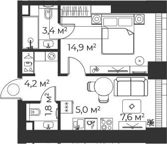 Планировка: Евродвушка 36,8 м² в ЖК «Веер»