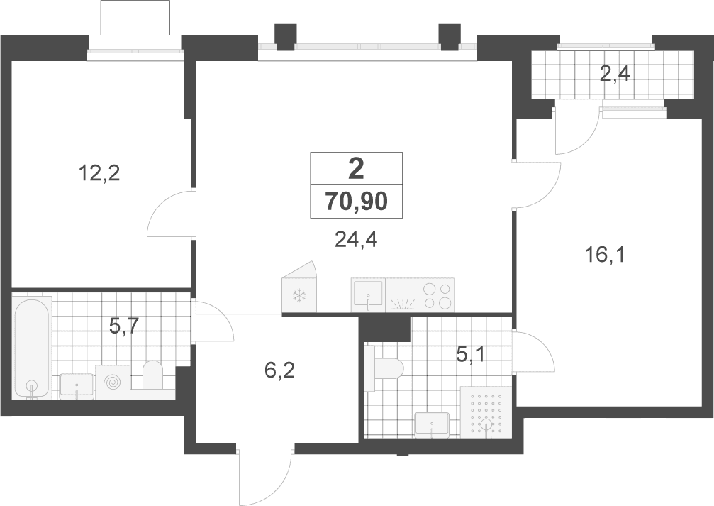 Планировка: Евротрёшка 69,7 м² в ЖК «Деснаречье»