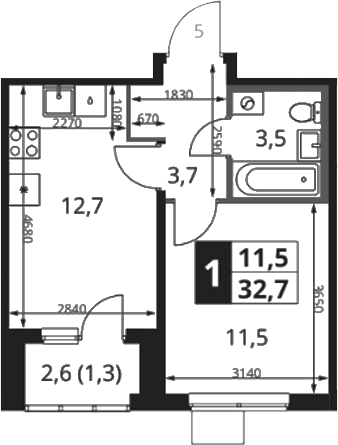 Планировка: 1-комнатная квартира 32 м² в ЖК «1-й Ясеневский»