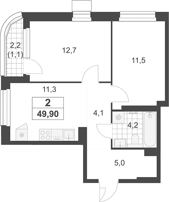 Планировка: 2-комнатная квартира 48,8 м² в ЖК «Южные сады»
