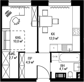 Планировка: 1-комнатная квартира 33,7 м² в ЖК «Дом МАЛЕВИЧ»