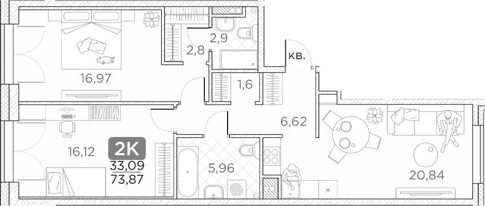 Планировка: Евротрёшка 73,9 м² в ЖК «Гильдия»