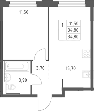 Планировка: Евродвушка 34,8 м² в ЖК «Химки Парк»