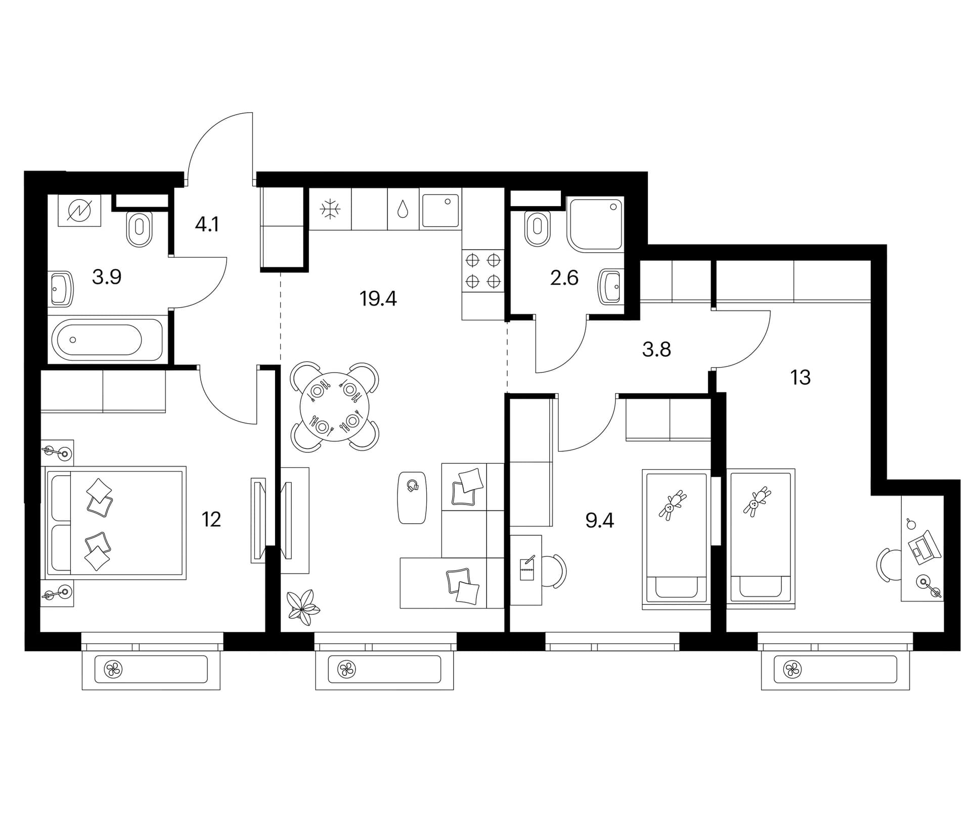 Планировка: 3-комнатная квартира 68,2 м² в ЖК «Зеленый парк»