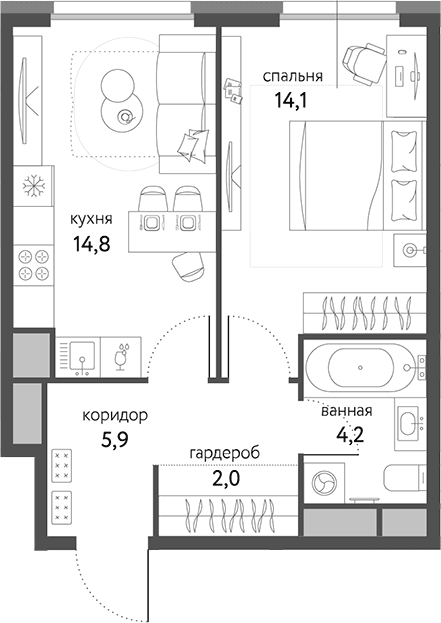 Планировка: 1-комнатная квартира 41 м² в ЖК «Сиреневый парк»
