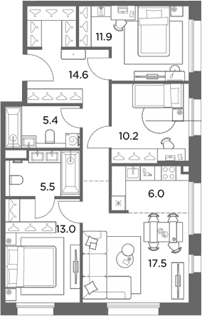 Планировка: Квартира евро-4 84,1 м² в ЖК «Станиславский»