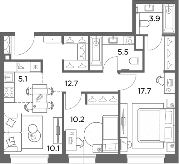 Планировка: Евротрёшка 65,2 м² в ЖК «Станиславский»