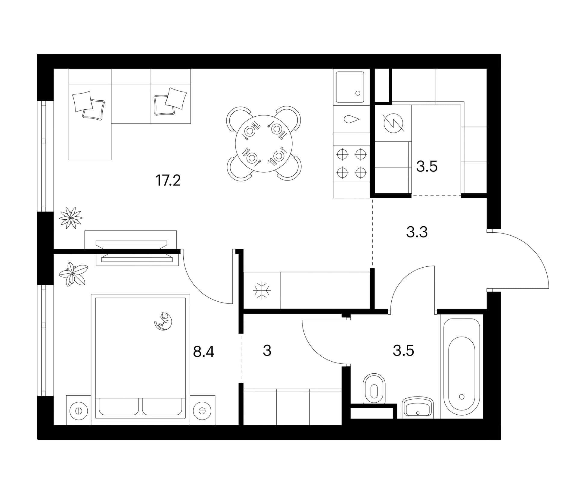 Планировка: 1-комнатная квартира 38,9 м² в ЖК «Зеленый парк»