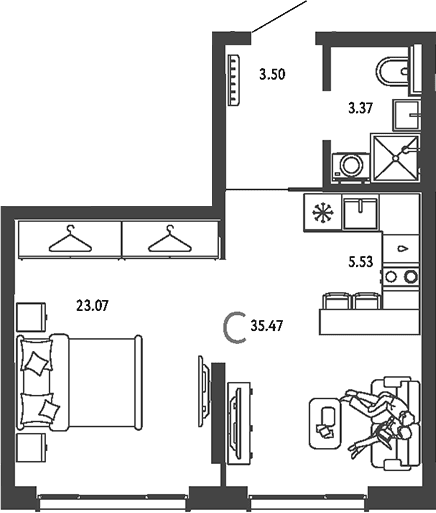 Планировка: Студия 35,5 м² в ЖК «Страна.Парковая»
