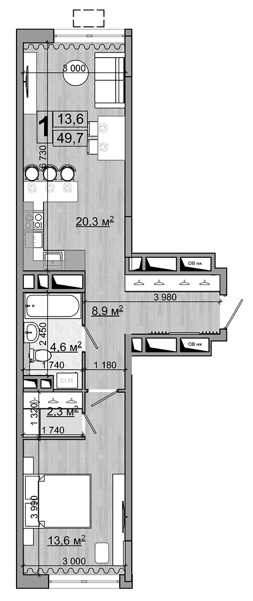 Планировка: Евродвушка 49,7 м² в ЖК «Гранд Комфорт»