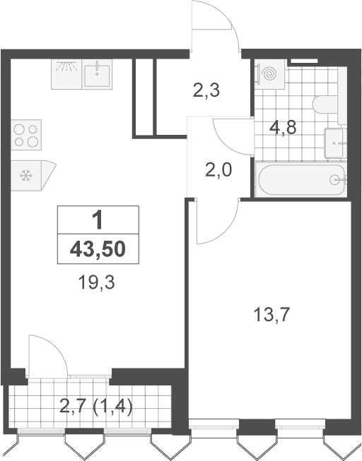 Планировка: Евродвушка 42,1 м² в ЖК «Деснаречье»